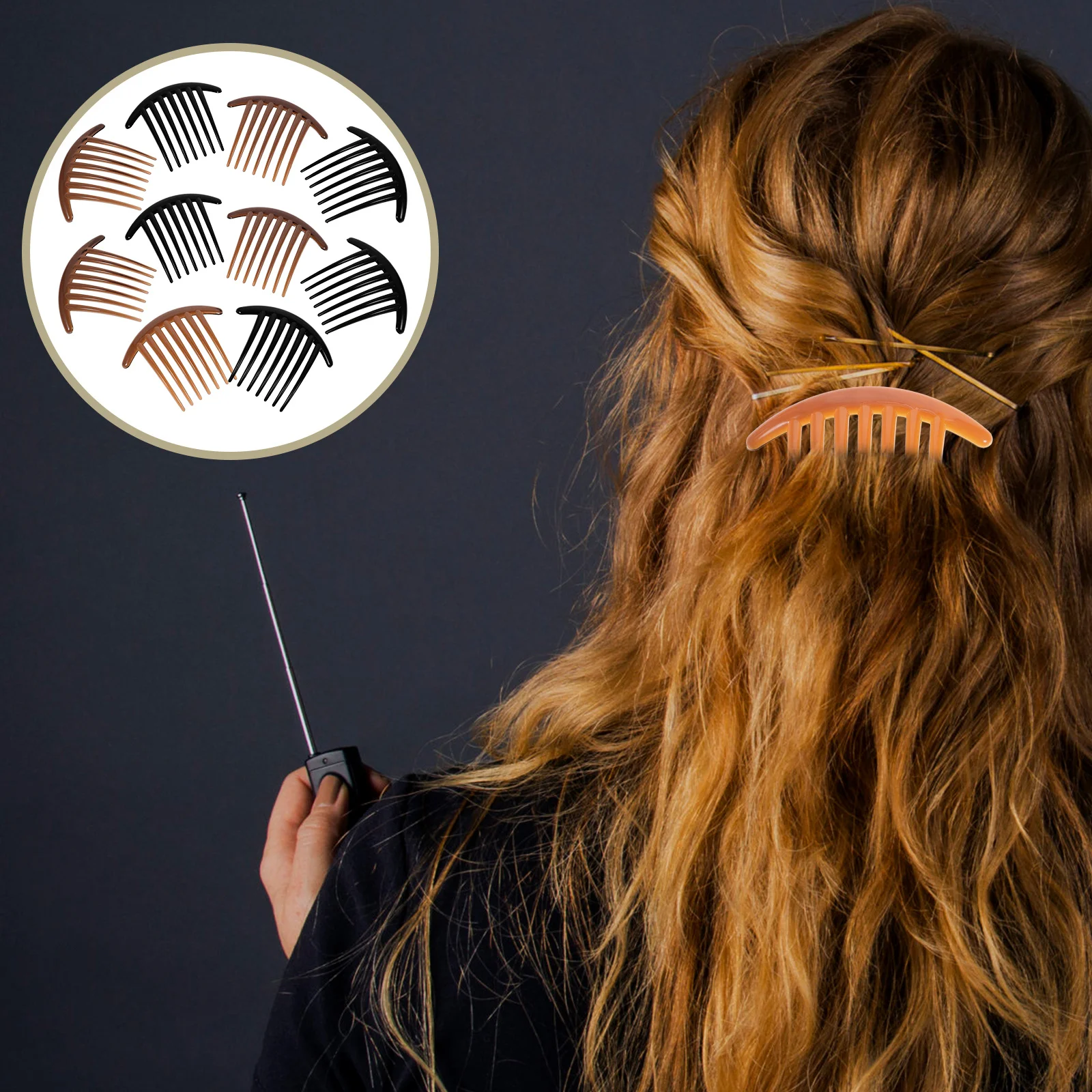 

10Pcs Acrylic Side Comb Long Tooth Bun Hair Comb 7-Teeth Insert for Women Fashion Accessory Black Coffee