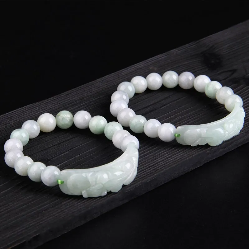 

Qiyi Natural Myanmar Jade Pixiu Bracelet A Grade Old Pit Jade Round Bead Bracelet for Women Ethnic Style Bracelet