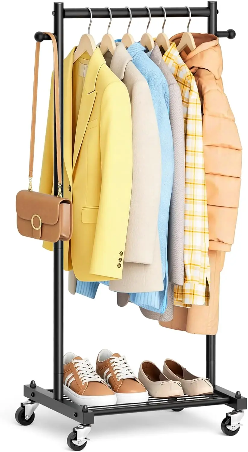 

Компактная передвижная вешалка для одежды с полками и колесиками для небольших помещений, гардероба, шкафа - черная