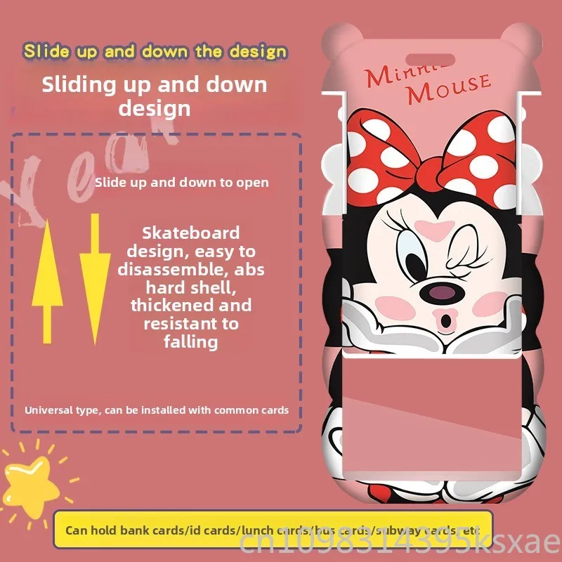 Porta carte Disney Minnie Series per bambini Design a onde di cartone animato con cordino a collo lungo per il controllo degli accessi della metropolitana dell'autobus scolastico