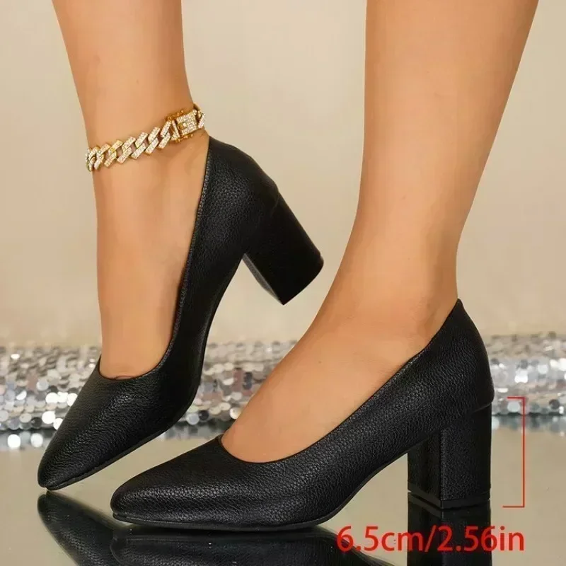 Women Pu Leather Block Heel Pumps, Pointed Toe Slip‑On Office Dress Shoes, Multiple Colors Available