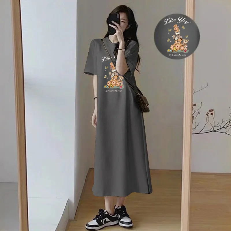 Korean Women Casual Long T Shirt Dress Cute Cartoon Bear Print Loose Short Sleeve Round Neck Summer Maxi Tee Dress - view 4