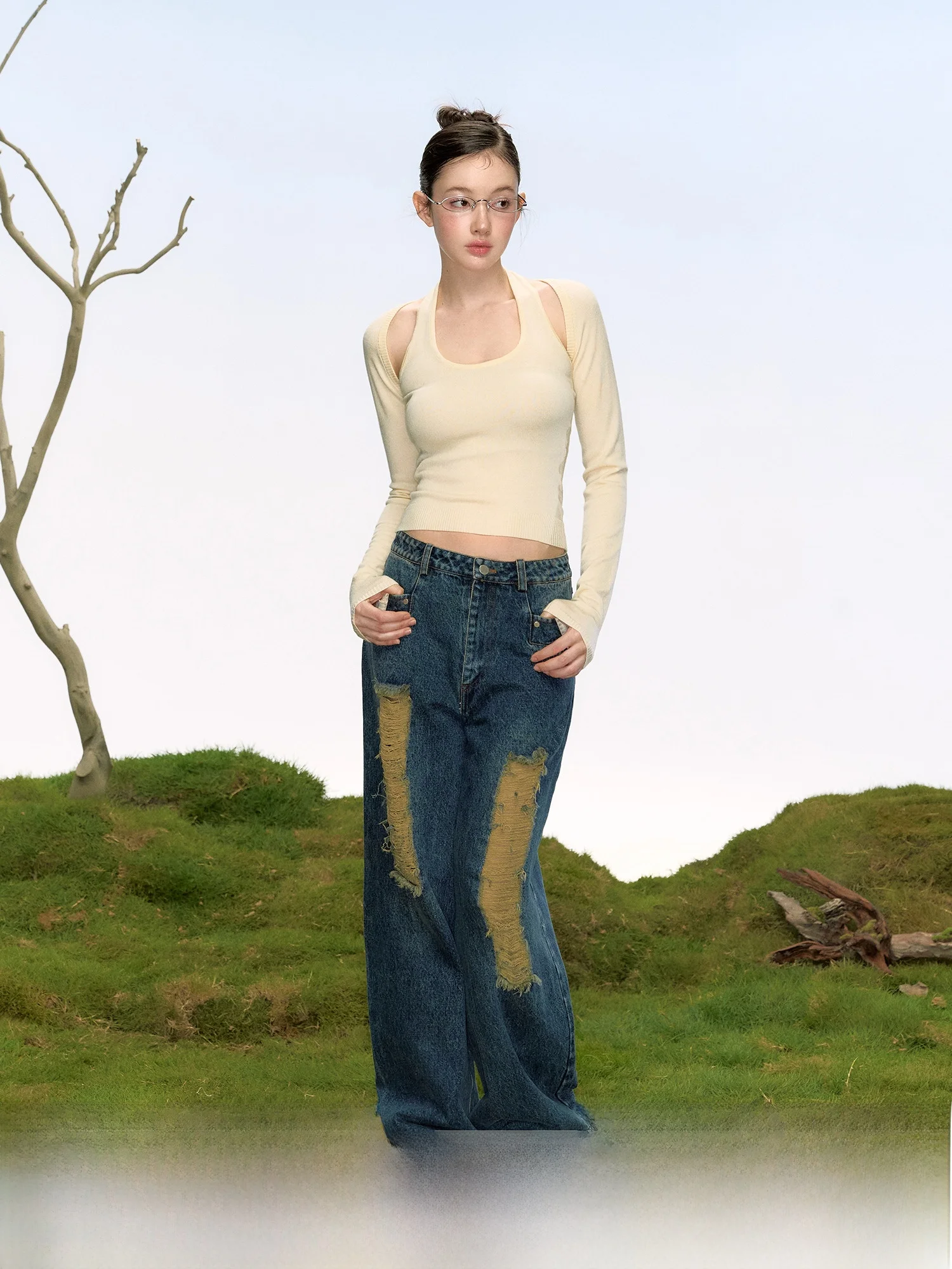 

La Lune Du Ciel, повседневные прямые джинсы, женские летние американские универсальные джинсовые брюки с дырочками, длинная талия...