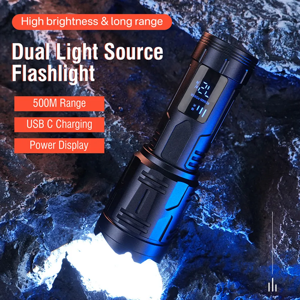 Lanterna LED de Alta Potência, Recarregável, Zoomable, Display Digital, Tocha Tática, Carregamento Tipo-C, Lanterna Portátil para Camping