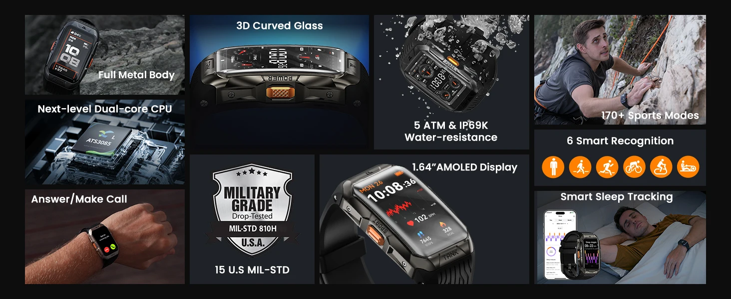KOSPET TANK X2 Smartwatch für Herren, IP69K, wasserdicht, 3D-gebogener Bildschirm, 1,64 Zoll AMOLED, Bluetooth-Anruf, 170 Sportmodi, Smartwatch – Detail 2