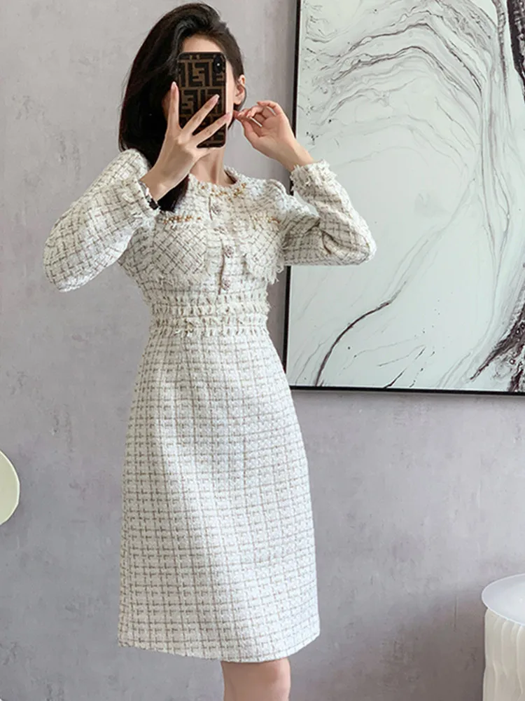 High Quality Luxury Design Runway Small Fragrance Tweed Dresses For Women Fashion Beading Winter Woolen Dress Female Party Dress