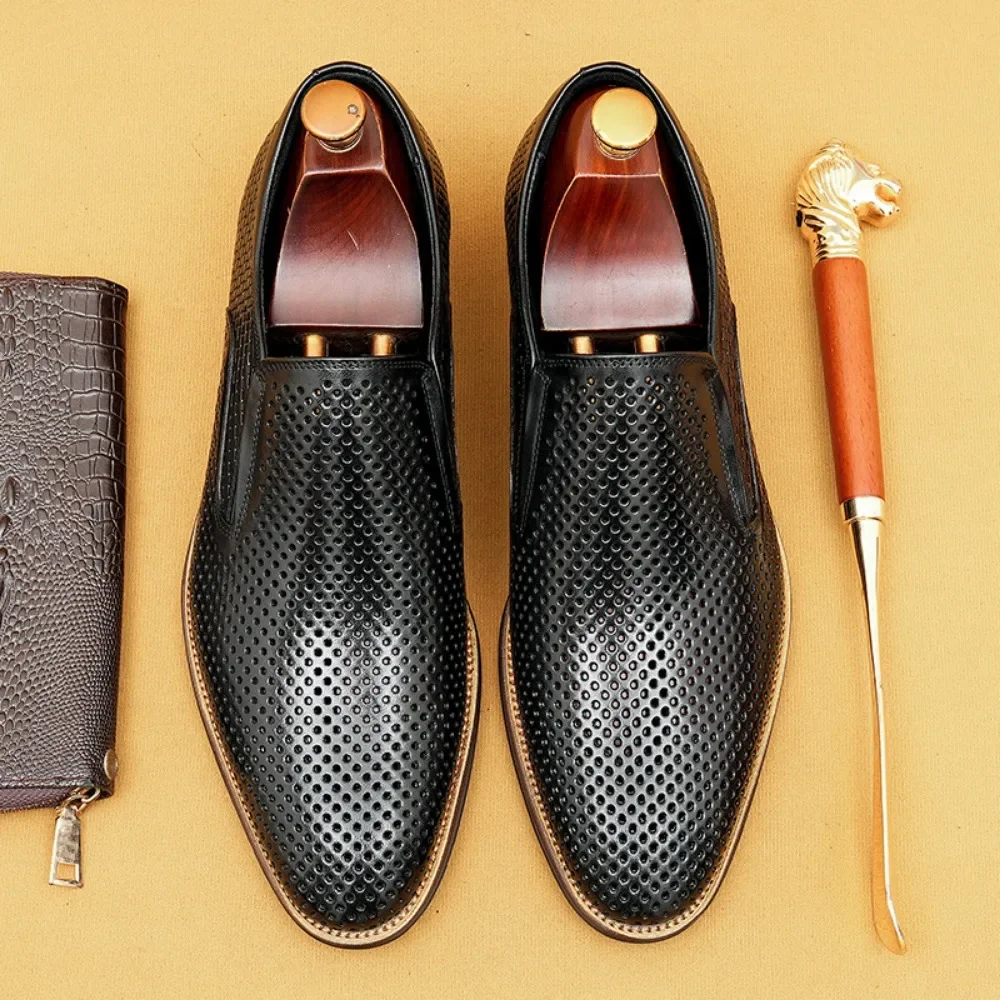 Men's Leather Shoes Hollow Out Men's Summer Slip-on Moccasins Casual Shoes Soft Sole Breathable Round Toe British Dress Shoes