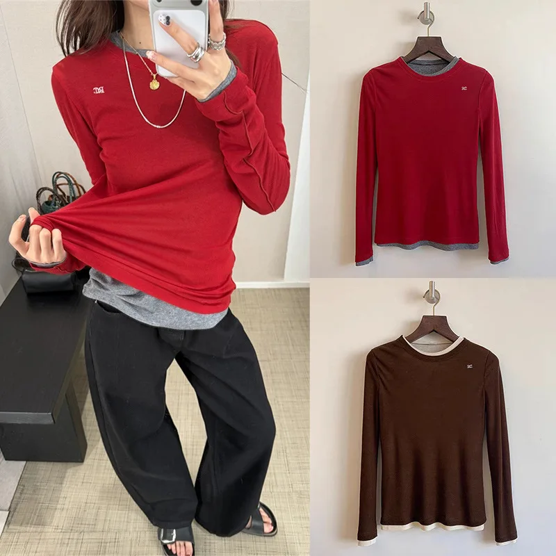 

【Gift Free】 Korean Niche 2025 Autumn Winter Trendy Layered Two-Piece Colorblock Irregular Round Neck Stretch T-Shirt