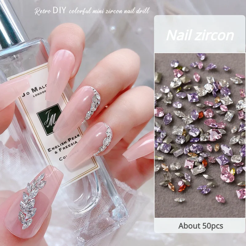 50pcs Mini Nail Zircon Plated Bottom Charming Sparkling Shaped Micro Zirconium Mixed Color Diamond Luxury Manicure Decorations