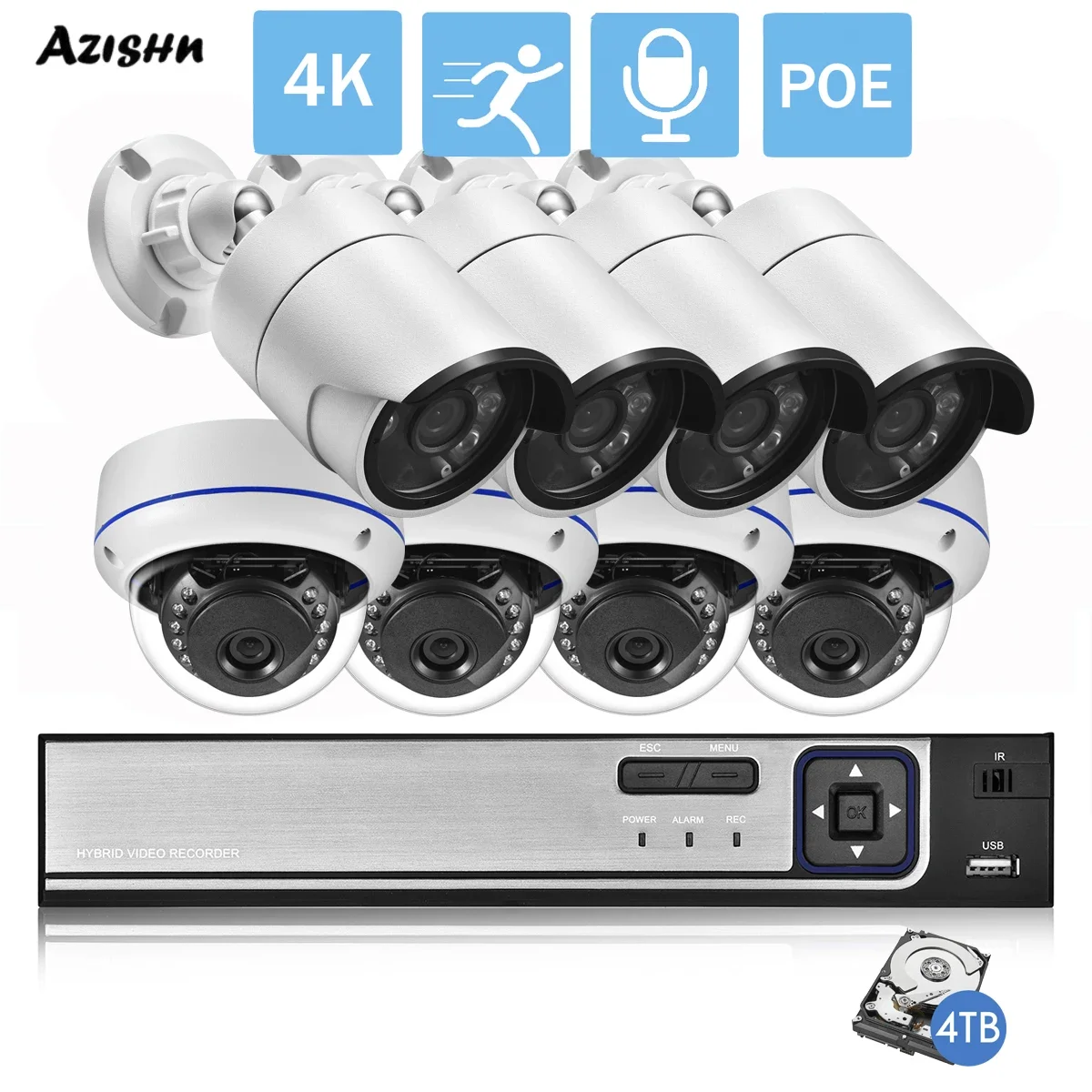 ASZISHN 8MP Ultra HD Network Video 4K Security 4 8CH NVR Kit