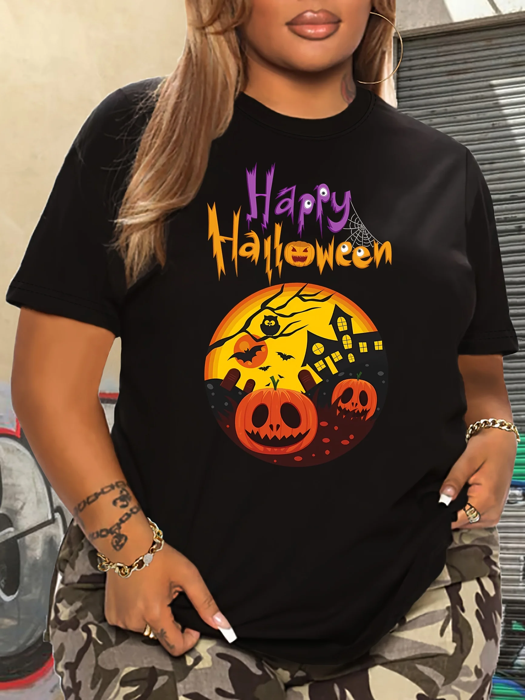 Halloween Themed Women's Casual Short Sleeve Round Neck Sportswear Top with Pumpkin Letter Print Harajuku Short Sleeve Casual