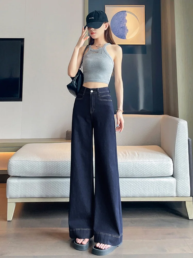 Bla Fce Lined Thi Denim Jeans Women's Autumn Winter High Waist Straight Leg Loose Micro Flared Pants Casual Sle