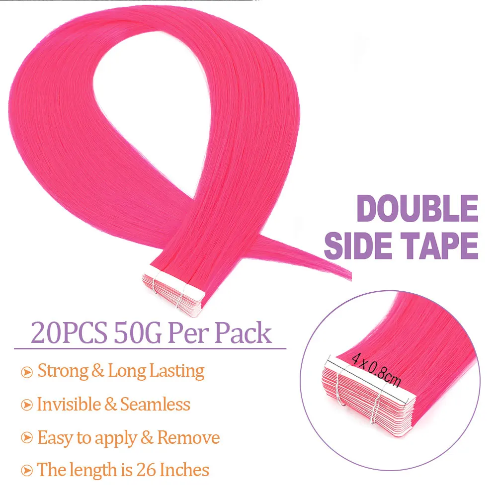26 นิ้วเทปต่อผม 20 ชิ้น Bio สังเคราะห์ตรง Bule สีชมพู Ombre สีแดง Hair Extension กาวสองด้านผม 50 กรัม