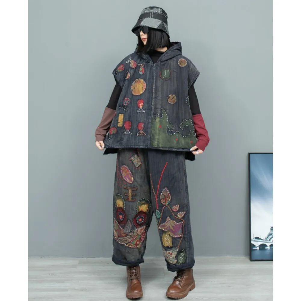 Hand Embroidered Fashion Pant Set Patchwork Old Cloth Cotton Clip Hooded Vest + Pant Two Piece Set Women Winter LX2762