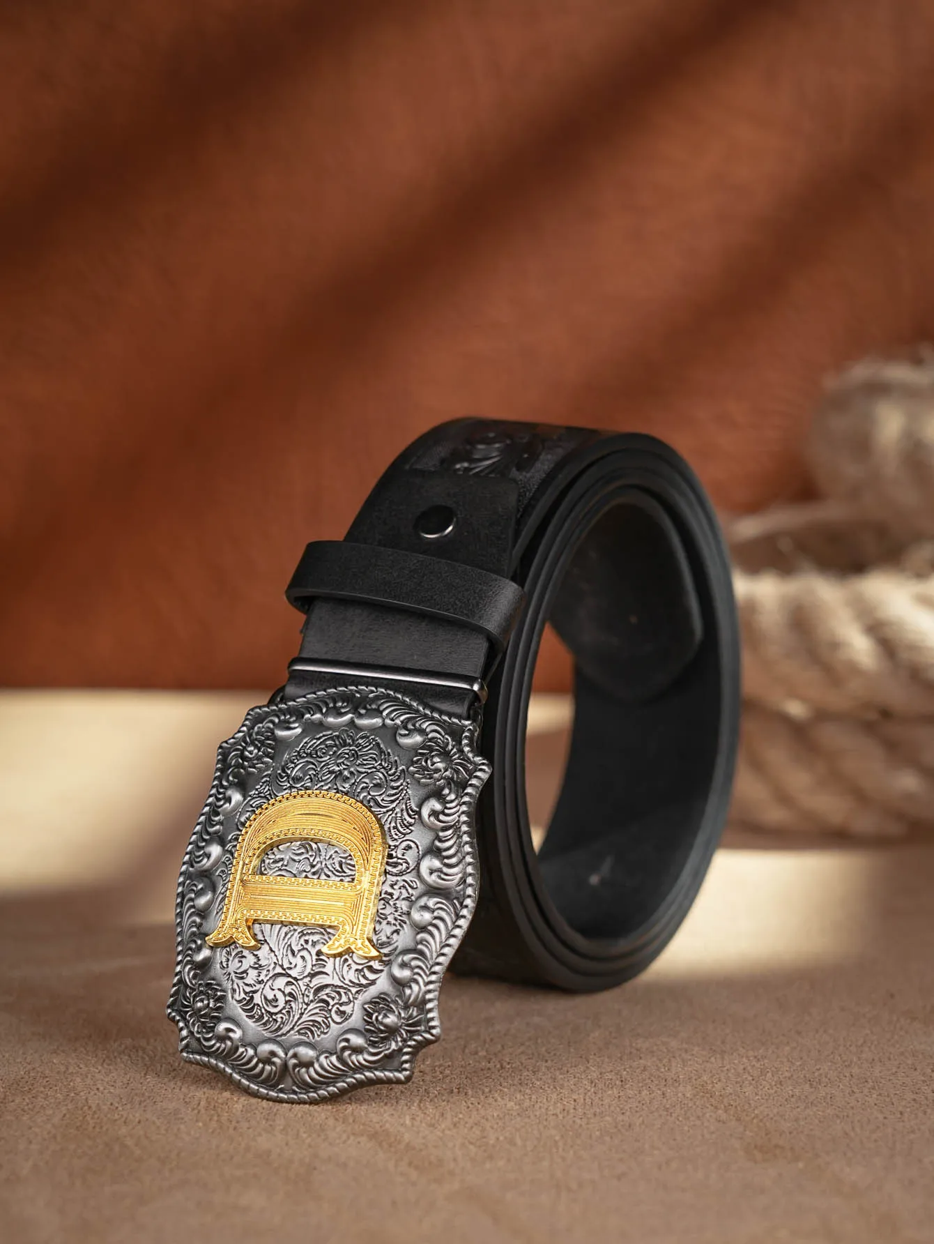 Western Cowboy PU-Ledergürtel – Herren-Hüftgurt, Stier-Dekoration, Blumenmuster, graviert für Jeans – Detail 8