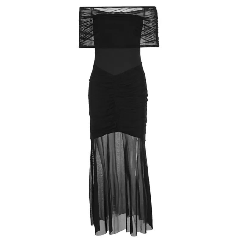 Femmes maille Patchwork une épaule longues robes Sexy sans manches plissé mince robe de soirée élégante solide robe de soirée automne robe