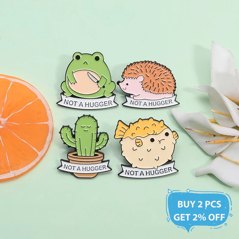 Not A Hugger Enamel Pin Creative Cartoon Cactus Hedgehog Pufferfish Brooch Lapel Badge Socialiy Awkward Jewelry Gift For Friends