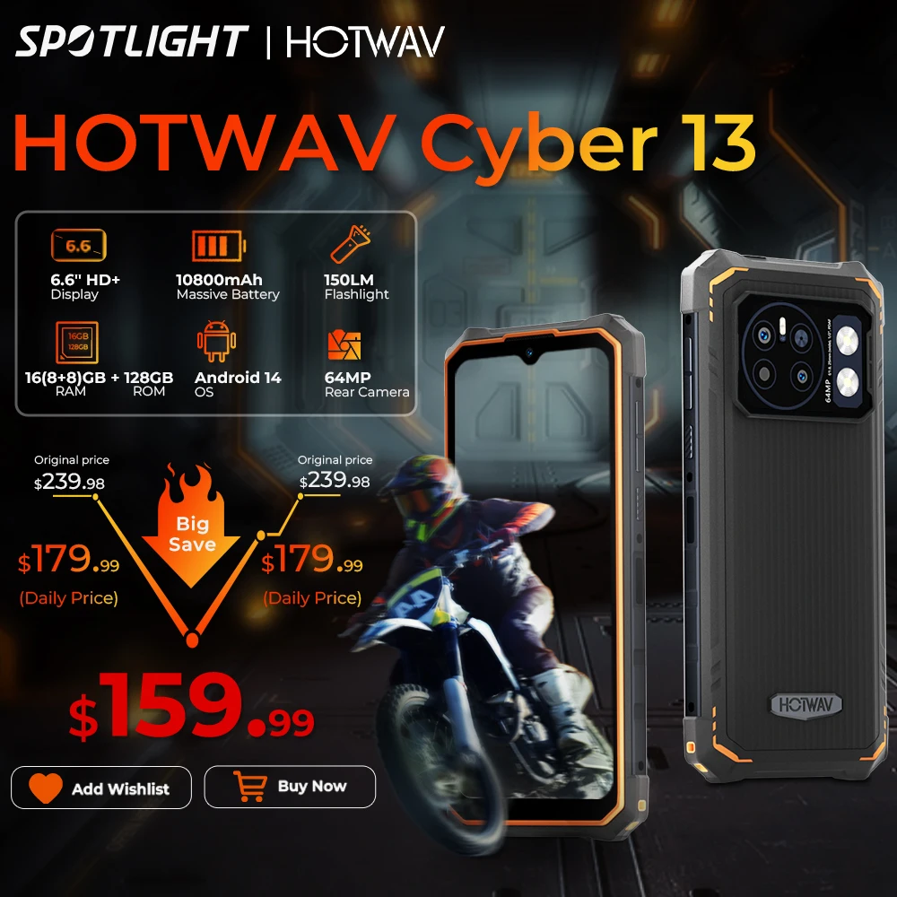 HOTWAV Cyber 13 Rugged Phone 10800mAh Massive Battery 8GB 128GB Smartphone 150LM Flashlight 6.6'' HD+ 64MP Android 14 Cellphone