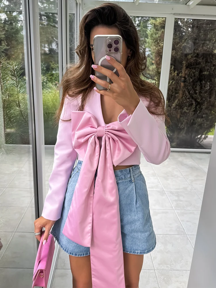 TRAFZA Elegant Women Solid Color Bow Decorate Blazer 2024 Woman Chic V-Neck Long Sleeves Open Stitch Short Coat Streetwear Mujer