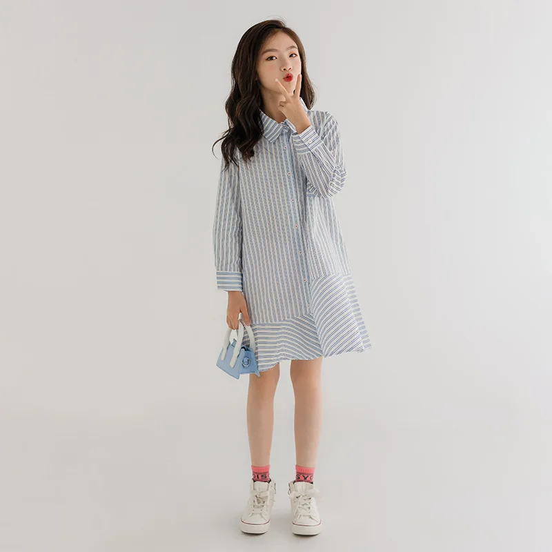 

2024 Korean Summer School Girl Dress Teenager Girl Long Sleeved Striped Printed One-piece Dress Junior Girl Straight Dress