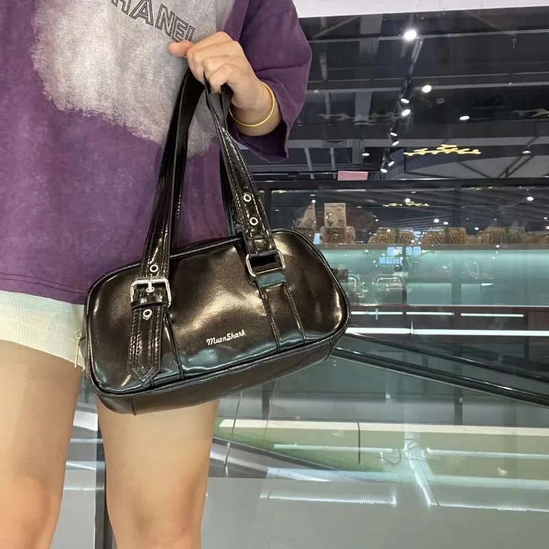 

Retro Blue Shoulder Bags Women New Vintage Pu Leather Chic Casual Bowling Bag Female Harajuku Handbag