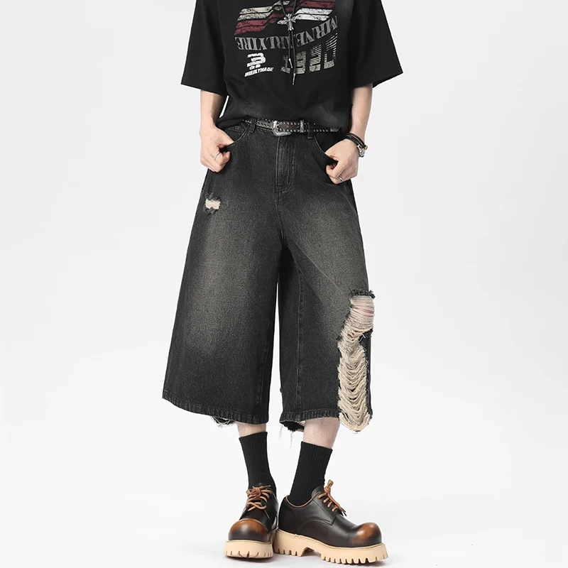 Summer High Quality American Style Ripped Drawstring Men's Denim Shorts Destroyed Hole Design Knee Length Pants