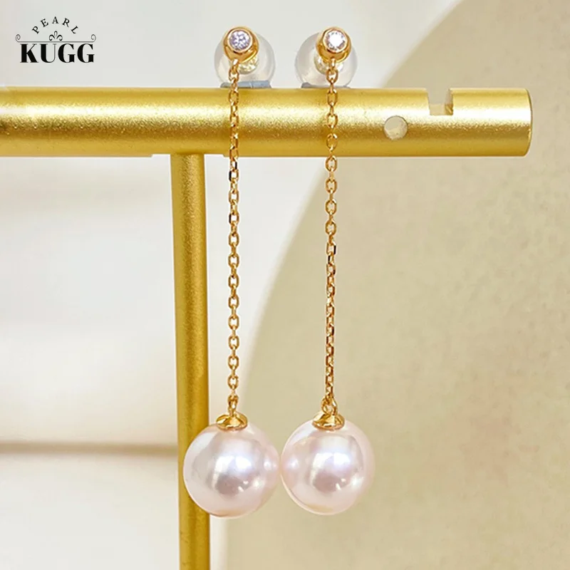 

KUGG PEARL 18k Yellow Gold Earrings 8.5-9mm Natural Akoya Pearl Drop Earrings Romantic Tassels Design Party Jewelry for Women