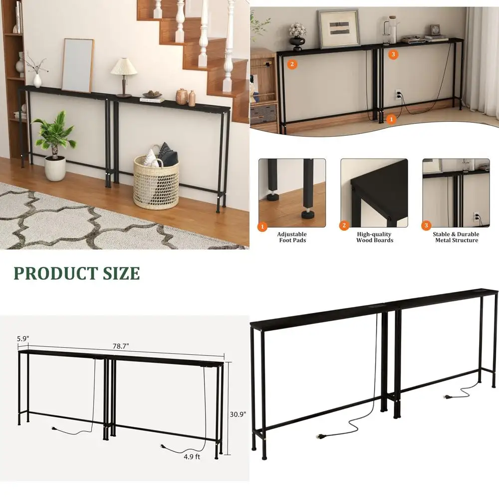 

Набор из двух черных тонких консольных столов с зарядной станцией, идеально подходит для гостиной, прихожей и фойе.