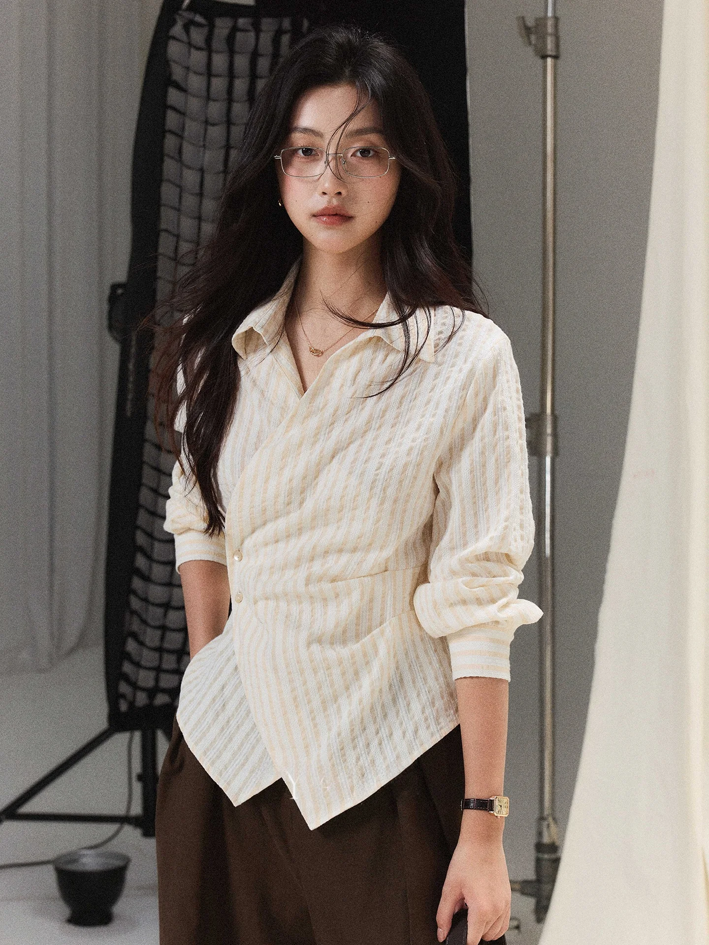 

Ele Women's Striped irt Long Sve Cotton Blend Fabric Button up Design Casual Commute Sle Slim Fit Chic Ba Design