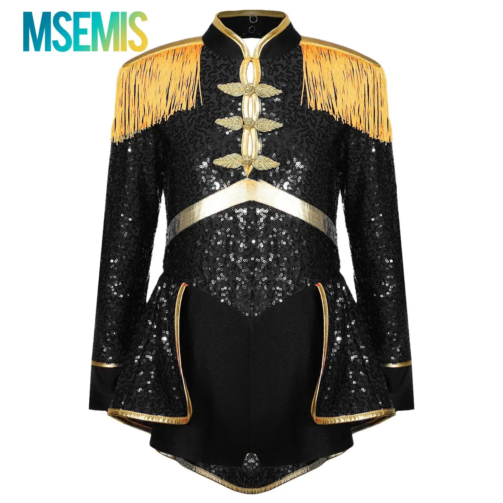 

Девушки Ringmaster цирковой фокусник барабанщик Рождественский танцевальный барабанный оркестр косплей костюм с длинными рукавами бахрома эполет боди с блестками