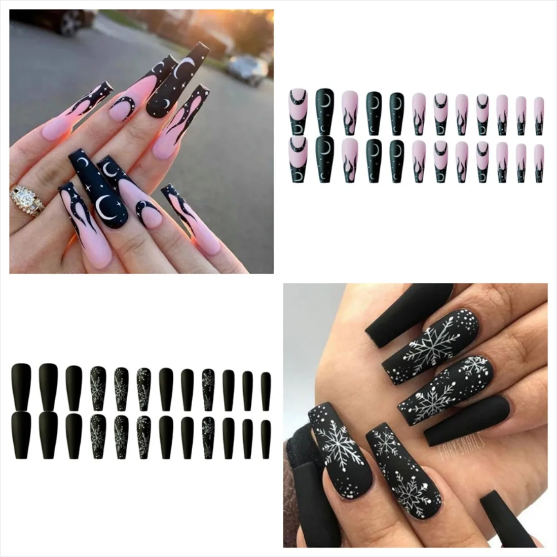 

24pcs Artificial Acrylic Nail Art Fake Nails Full Coverage Removable Press On Nail Design Black Flame Moon Snowflake False Nails