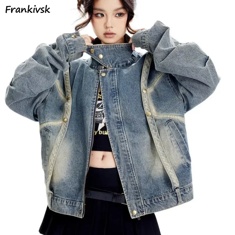 

Washed Denim Jacket Women European Style Retro Stand Collar Frayed High Street Hip Hop Loose Youthful Vitality Fashion Leisure