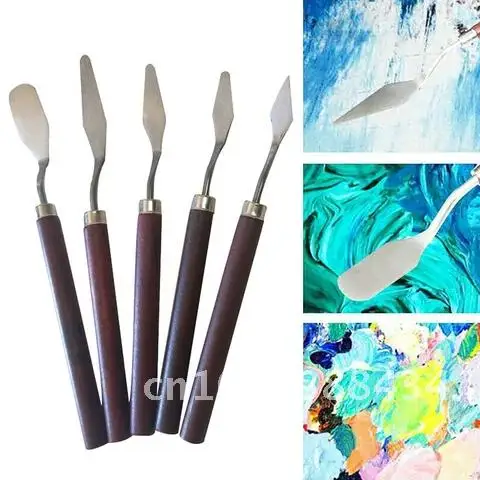 5pcs Palette Knife Stainless Steel Spatula Kit Wooden Handle for Oil Painting Knife Fine Professional Art Tools