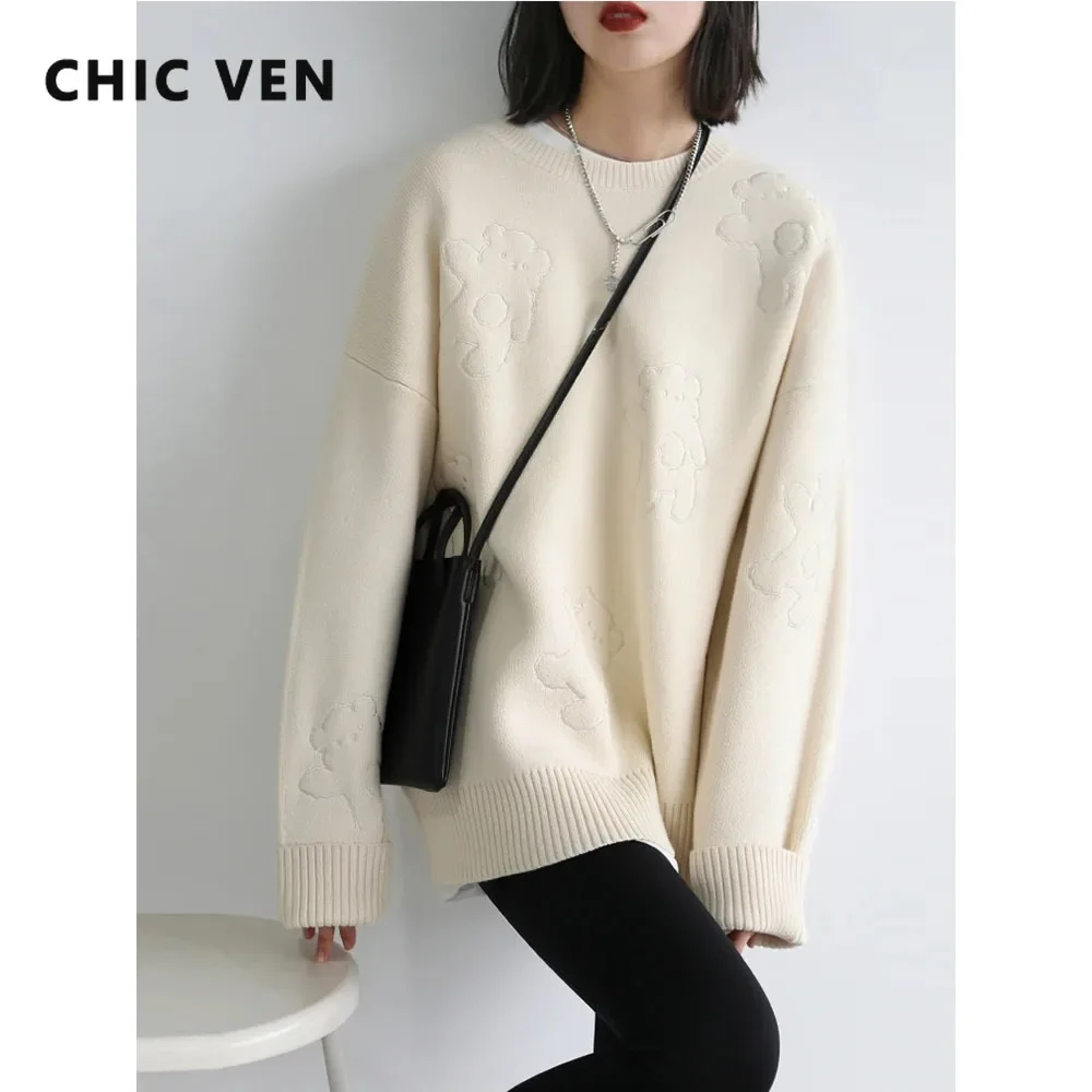 CHIC VEN Women Sweater Knitted Pullovers Thick Warm Casual Loose Women\'s Jumpers Office Lady Coat Female Tops Autumn Winter 2023