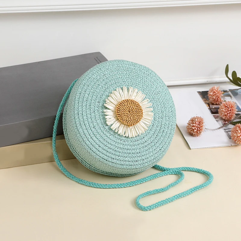 Round Flower Straw Bag Women Woven Beach Crossbody Bag for Ladies Shoulder Rattan Handmade Knitted Candy Color Handbag Bolsa