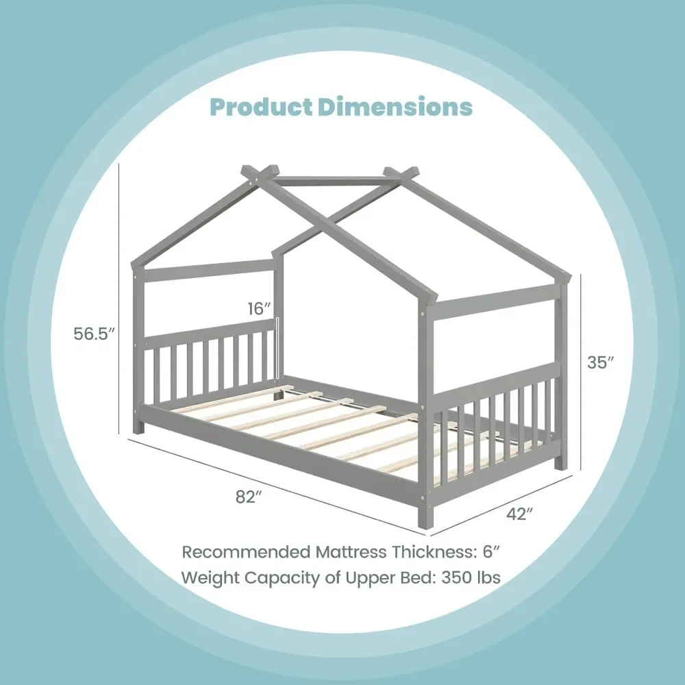 House Bed Twin,Solid Wood Kids House Bed with Roof,Headboard and Footboard,Low Floor Twin Bed Frame for Toddlers Teens GirlsBoys