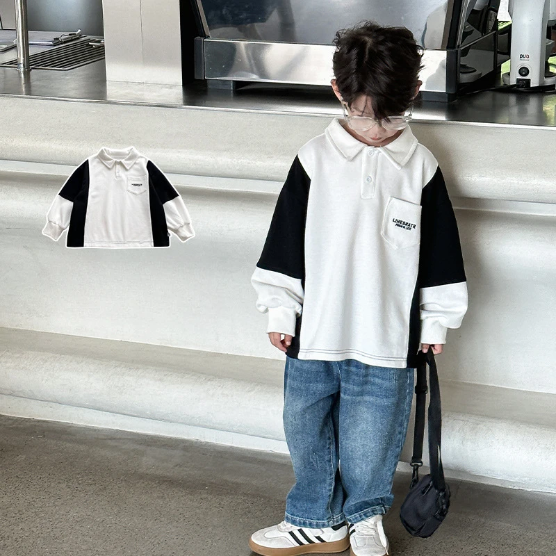 

Boy Top Children Clothing 2024 Spring New Children Hoodie Korean Style Children and Boys Stitching Shirt Boy Solid Hoodie Tops