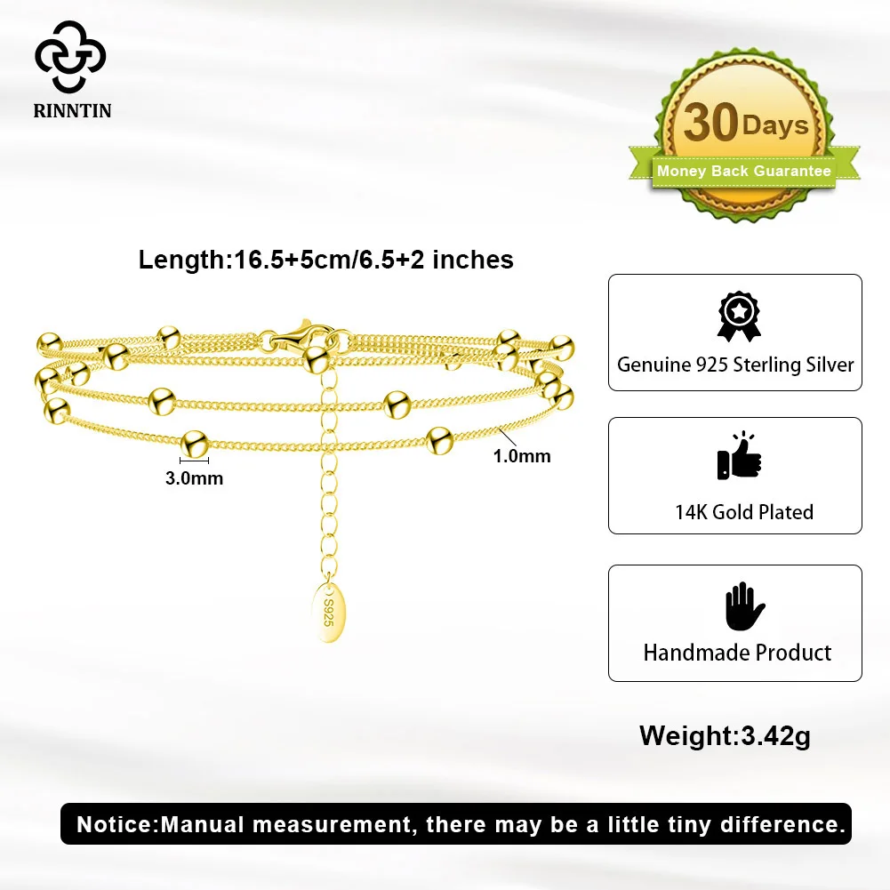 Rinntin 925 Sterling Silver 3 Rows Satellite Chain Bracelet for Women and Girls Handmade Fashion Thin Bracelets Jewelry SB173