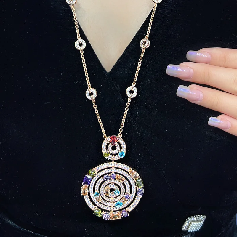 Designer Collection Earrings Long Necklace Women Lady Inlay Colored Cubic Zircon Hollow Out Round Pendant Party Jewelry Sets
