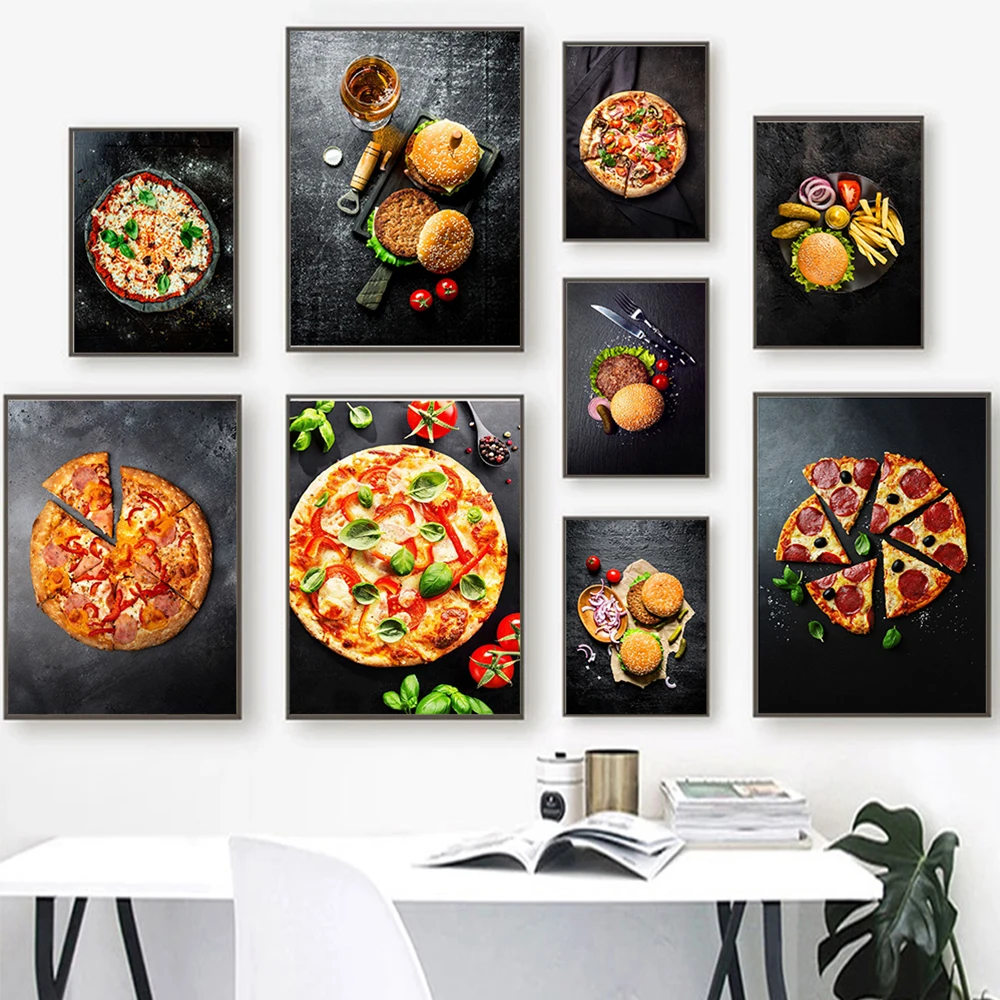 

Pizza Burgers Foods Canvas Painting Prints Cuadros Scandinavian Poster Wall Art Pictures for Restaurant Home Kitchen Decoration