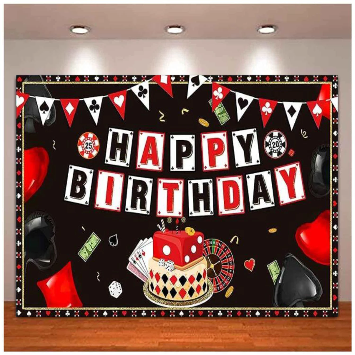 

Casino Theme Happy Birthday Photography Backdrop Poker Dice Spades Hearts Diamonds Clubs Dessert Table Decoration Background