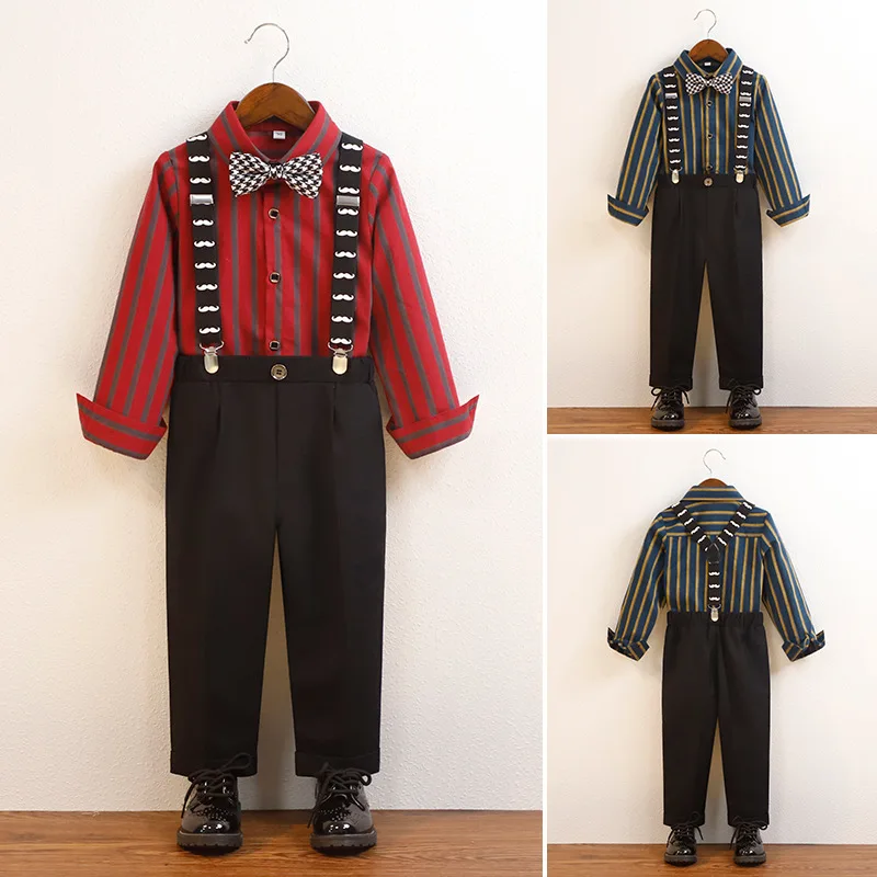 

Autumn Boys Formal Suit Long Sleeve Striped Shirt Suspender Pants Wedding Piano Recital Speech Performance Kids Clothing Set