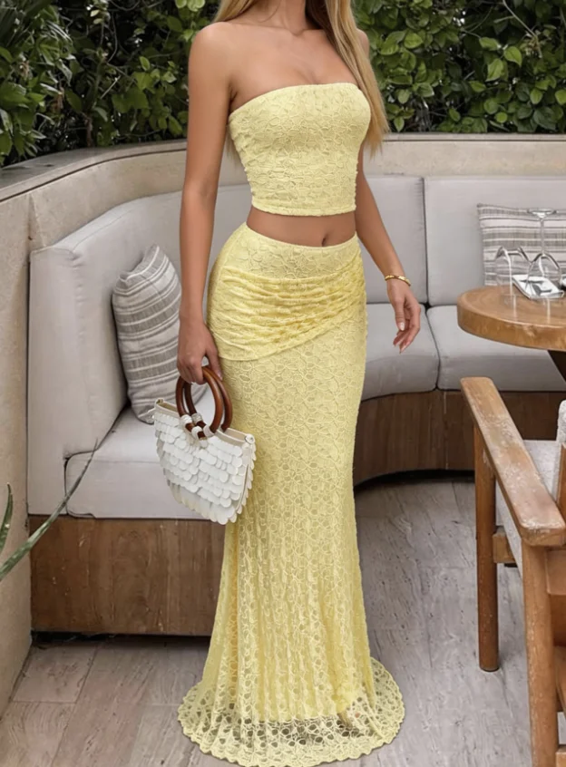 Two Piece Set Women Outfit 2026 Spring Summer New Solid Color Strapless Crop Top & High Waist Hip Wrapping Fish Tail Skirt Set