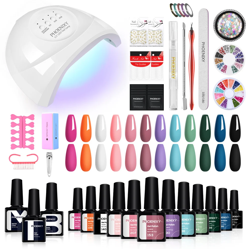 

PHOENIXY Manicure Kit 12 Pcs Gel Nail Polish Set with UV LED Nail Lamp Semi Permanent UV Gel Varnish Complete Nail Art Tools Set