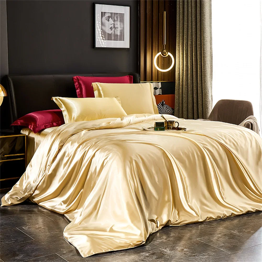 Solid Silk Bedding Set with Duvet Cover Bed Sheet Pillowcases Luxury Satin Single Double Bedsheet