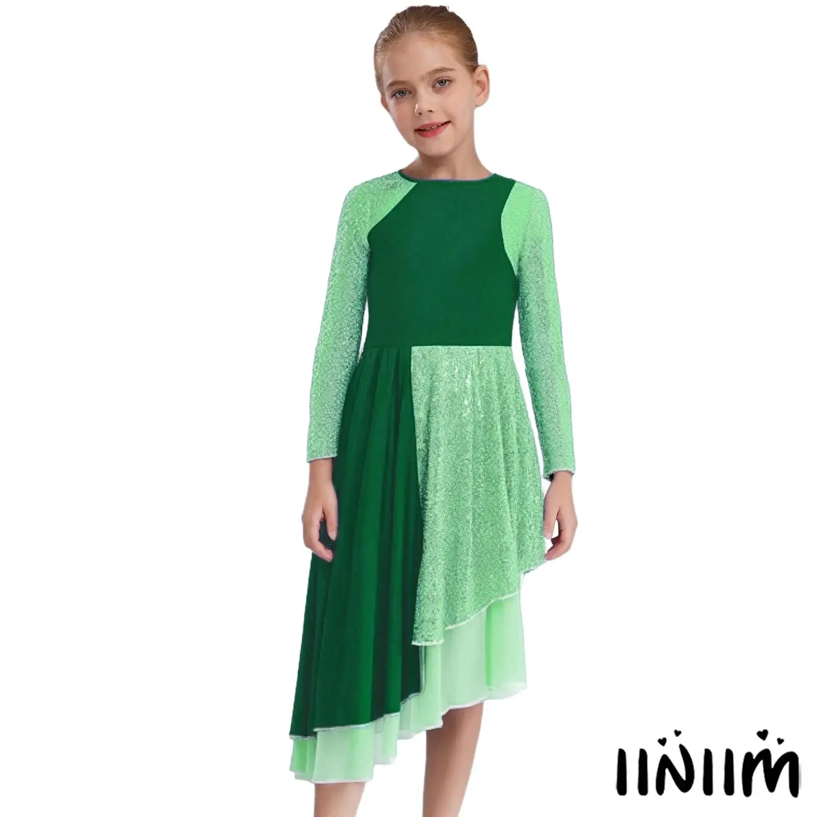 

‌Kids Girls Sparkling Sequin Ballet Lyrical Dance Dress Color-Block Asymmetrical Hem Dress Modern Contemporary Dancewear