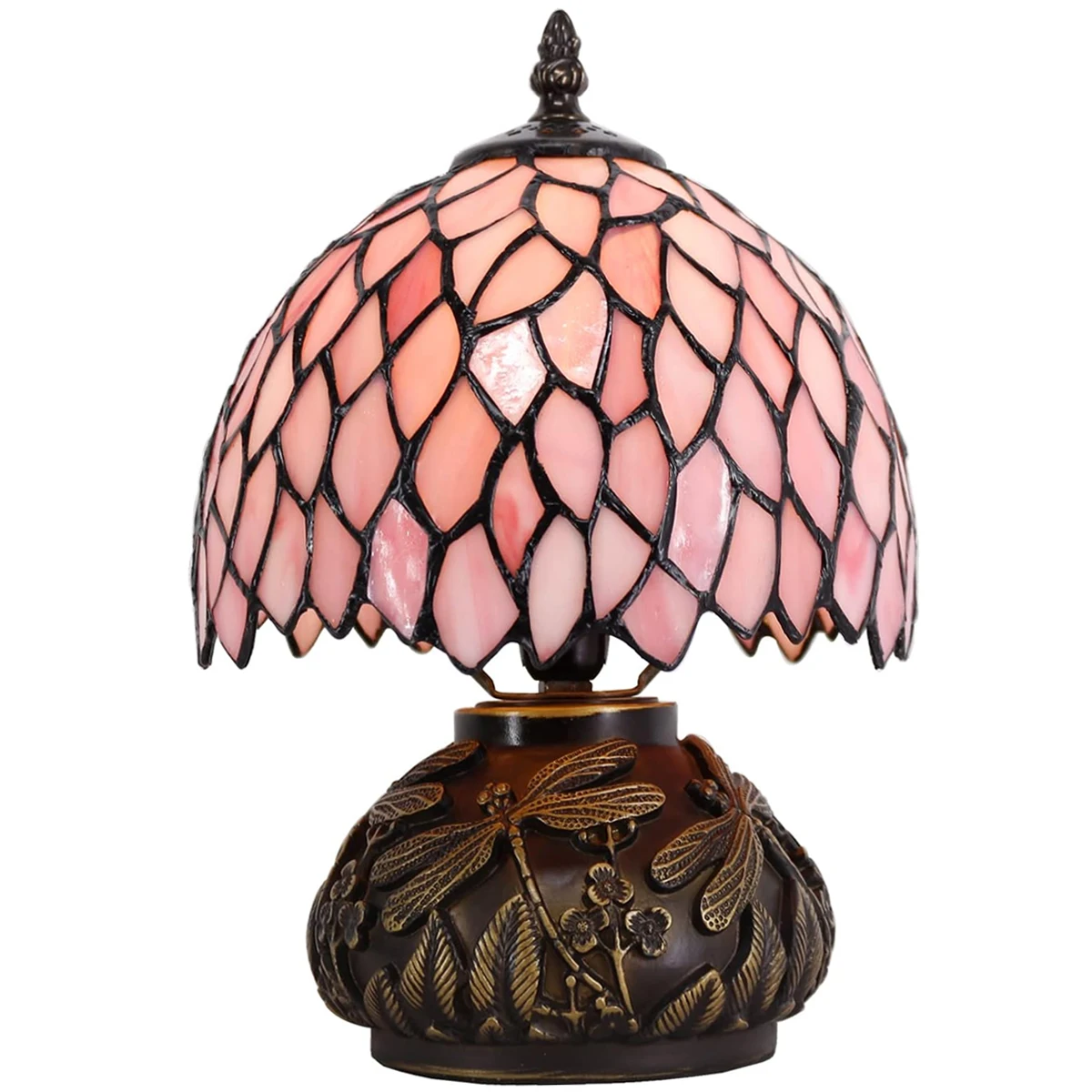 

WERFACTORY Small Tiffany Light W8H11 inch Pink Wisteria Colored Glass Table Lamp Bronze Mushroom Resin Base Mini type Table Lamp