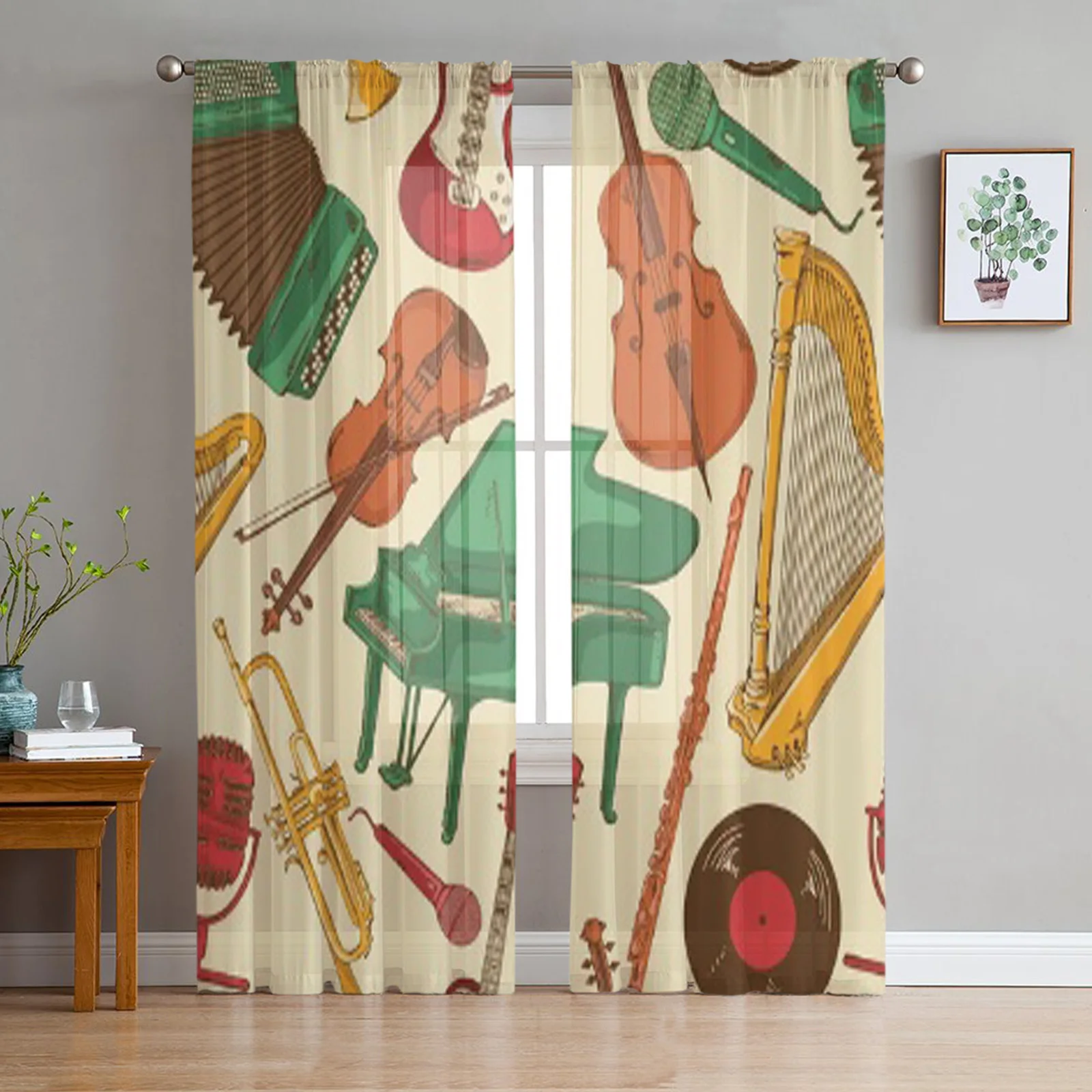 Colorful Pattern Of Musical Instruments Sheer Curtains For Bedroom Living Room Tulle Curtains For Kitchen Window Voile Curtains