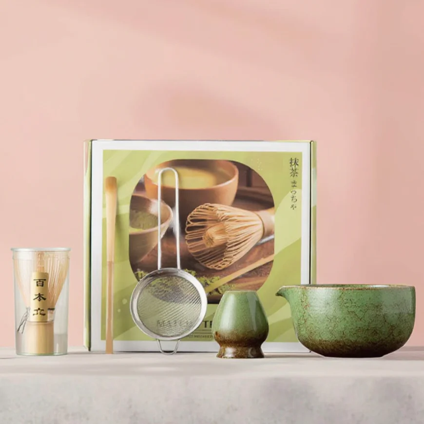 

BespritGift Matcha Set 5 Pcs Ceramic Matcha Whisk Set with Matcha Bowl Bamboo Whisk Japanese Style Tea Ceremony Gift Box