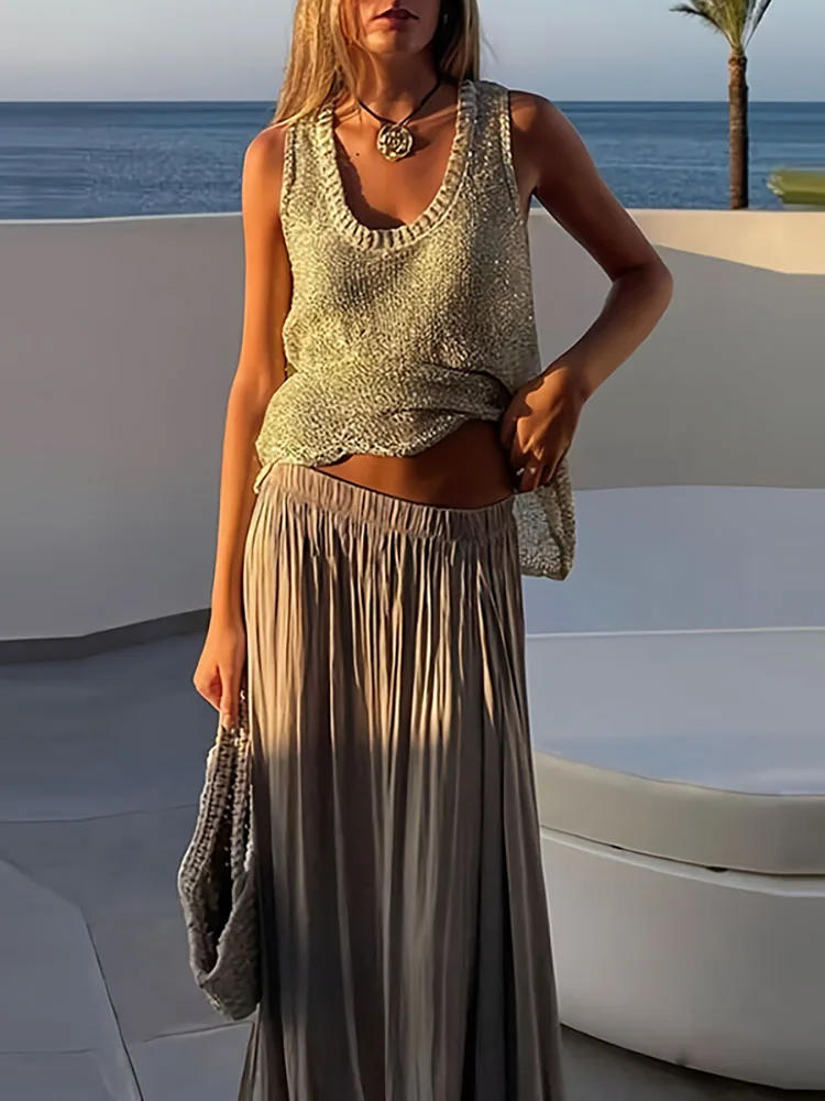 

Fashion Knit Sleeveless Commute Tops Elegant Hollow Out Crochet Mesh U Collar Camisole Summer New Solid Color Sequins Tank Tops